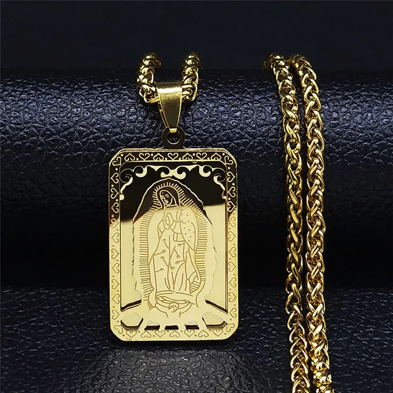 Catholic Virgin Mary Medal Our Lady of Guadalupe Pendant Necklace for Women Men Gold Color Stainless Steel Male Chain Jewelry