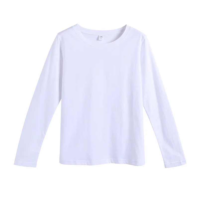 Woman Tshirts Solid Color Long-sleeved T-shirt Women's 2021 New Spring and Autumn Korean Women's Bottoming Shirt White Top