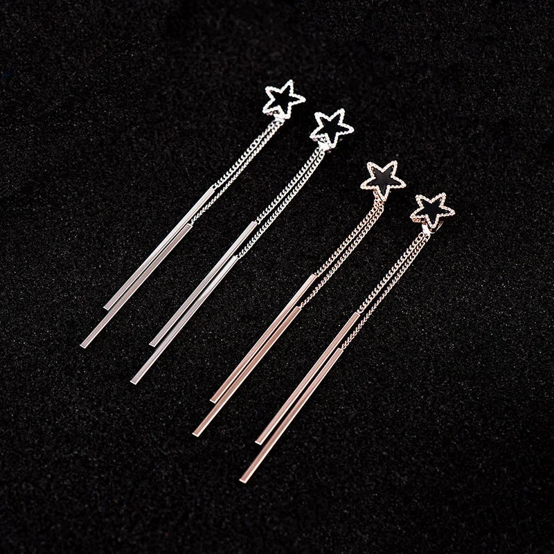 Pendientes con clip en forma de estrella y borlas largas dobles estilo coreano sin perforación para mujer, elegantes y lindos pendientes sin agujero, antialérgicos