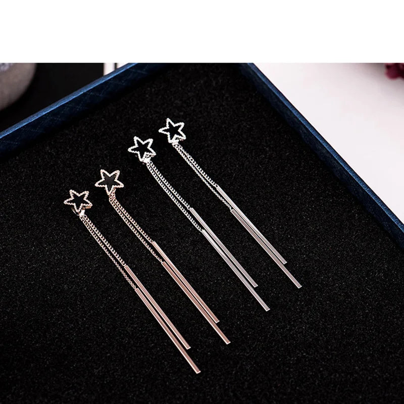 Pendientes con clip en forma de estrella y borlas largas dobles estilo coreano sin perforación para mujer, elegantes y lindos pendientes sin agujero, antialérgicos