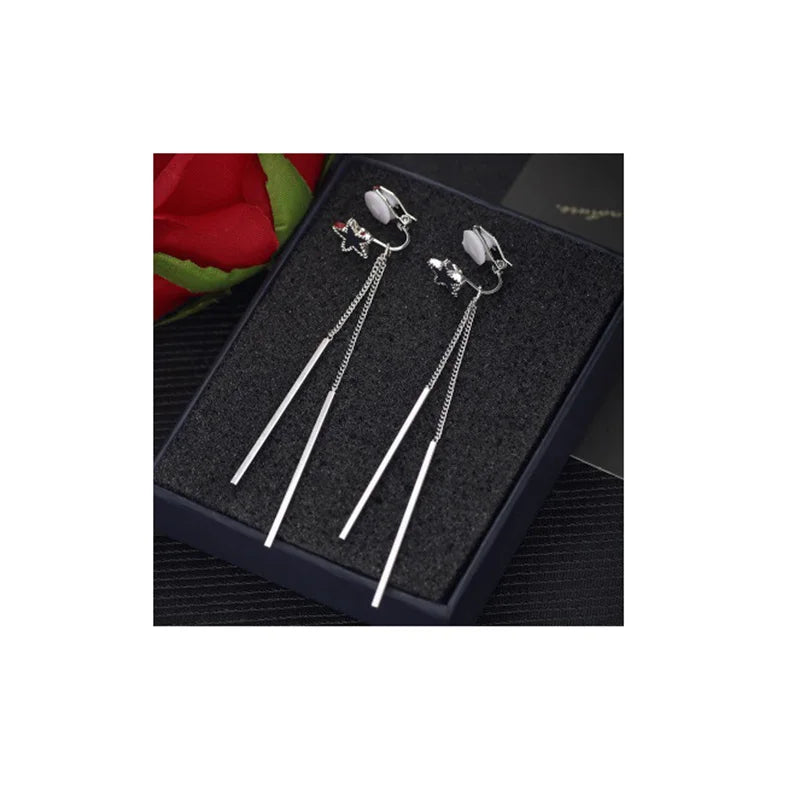 Pendientes con clip en forma de estrella y borlas largas dobles estilo coreano sin perforación para mujer, elegantes y lindos pendientes sin agujero, antialérgicos