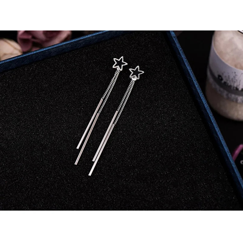 Pendientes con clip en forma de estrella y borlas largas dobles estilo coreano sin perforación para mujer, elegantes y lindos pendientes sin agujero, antialérgicos