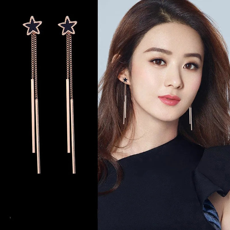 Pendientes con clip en forma de estrella y borlas largas dobles estilo coreano sin perforación para mujer, elegantes y lindos pendientes sin agujero, antialérgicos