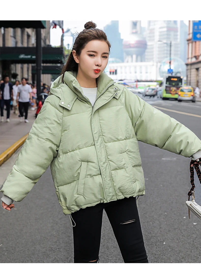 Fashion Winter Hooded Puffer Jacket Women Solid Casual Warm Oversize Parkas Female Korean Loose Long Sleeve Coat Women Clothing