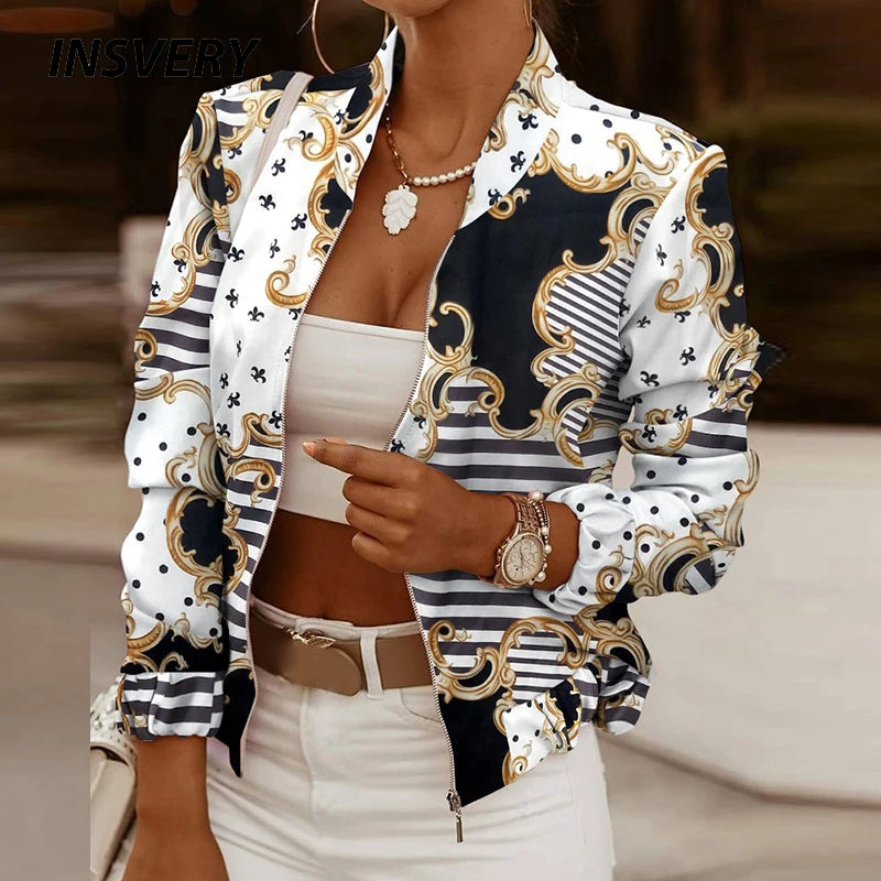 2023 Spring Autumn Women Thin Jackets Tops Vintage Print Long Sleeve Zipper Jacket Coat Women Casual Outerwear Short Jackets