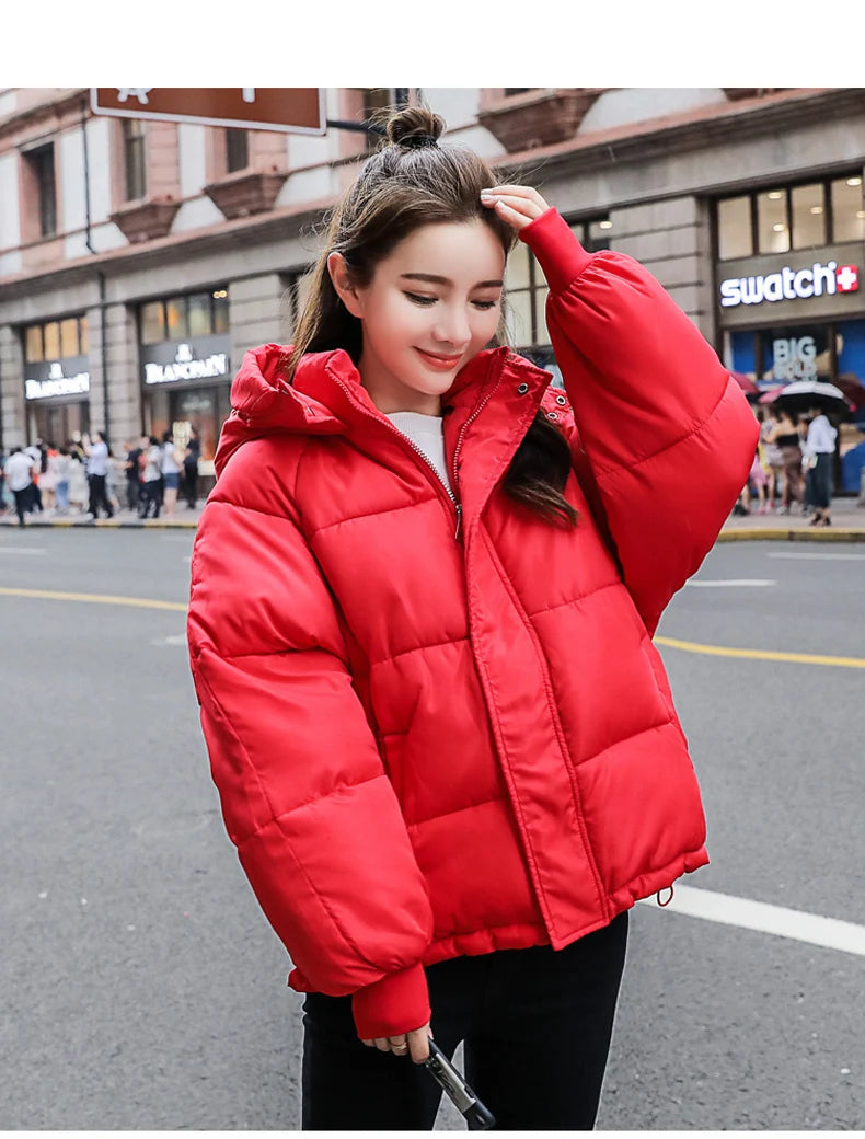 Fashion Winter Hooded Puffer Jacket Women Solid Casual Warm Oversize Parkas Female Korean Loose Long Sleeve Coat Women Clothing