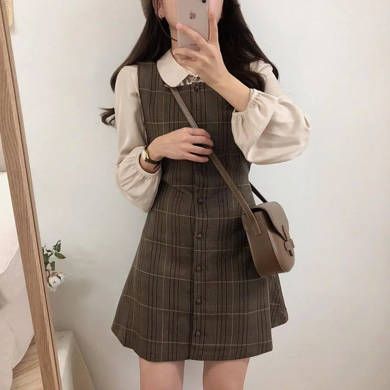 Lindo minivestido de cita de Año Nuevo sin mangas para mujer, estilo coreano japonés, diseño retro vintage, vestido camisero con botones a cuadros 11021