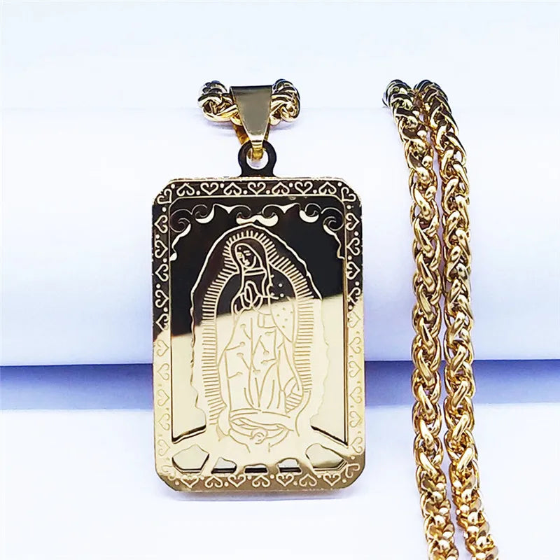 Catholic Virgin Mary Medal Our Lady of Guadalupe Pendant Necklace for Women Men Gold Color Stainless Steel Male Chain Jewelry