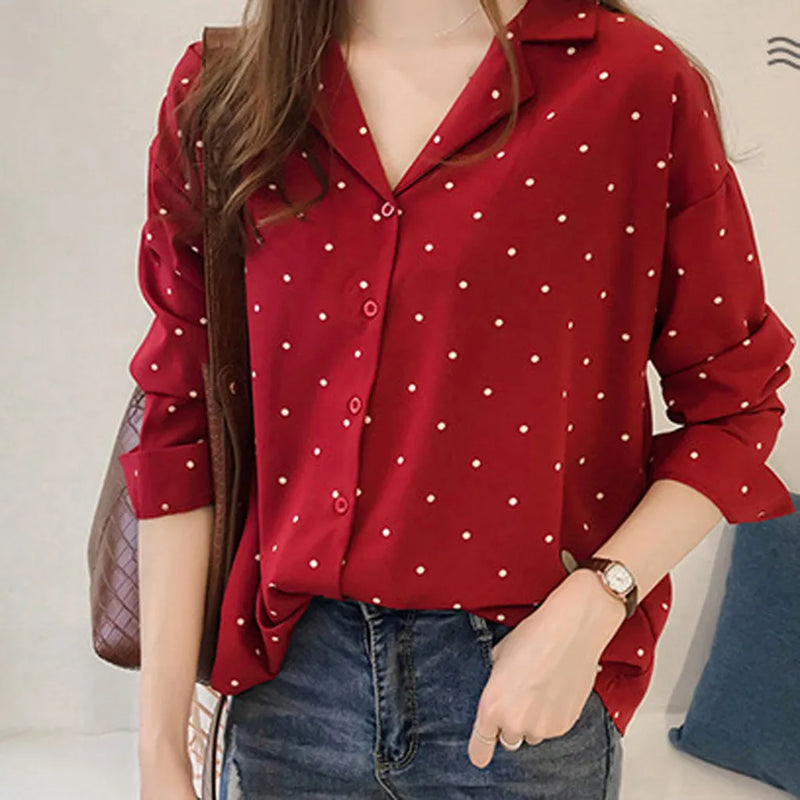 Blusa de lunares para mujer, camisa de manga larga, blusa coreana para mujer, ropa tipo túnica de moda, talla asiática