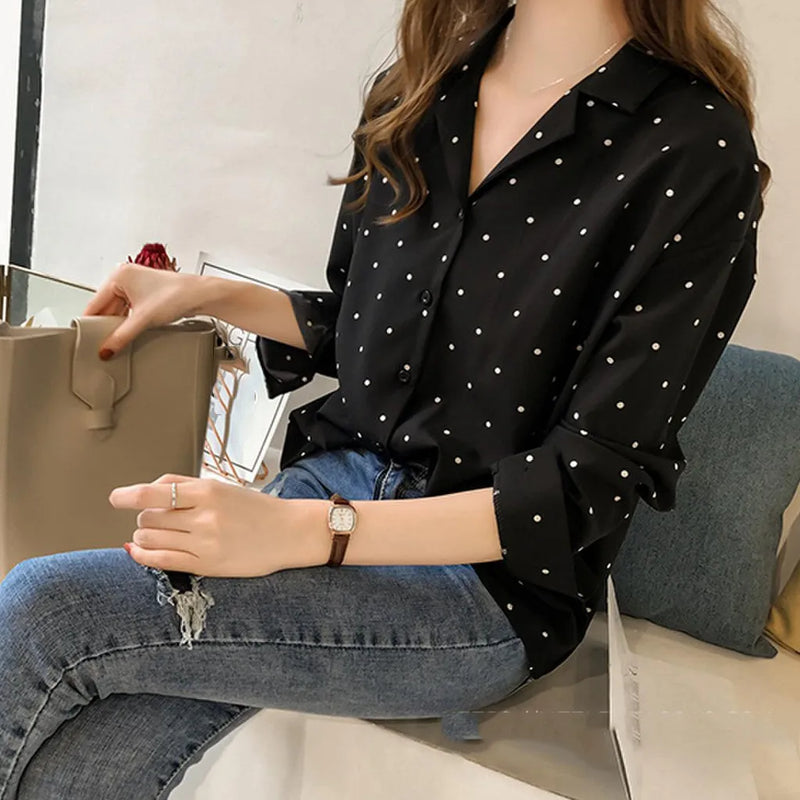 Blusa de lunares para mujer, camisa de manga larga, blusa coreana para mujer, ropa tipo túnica de moda, talla asiática