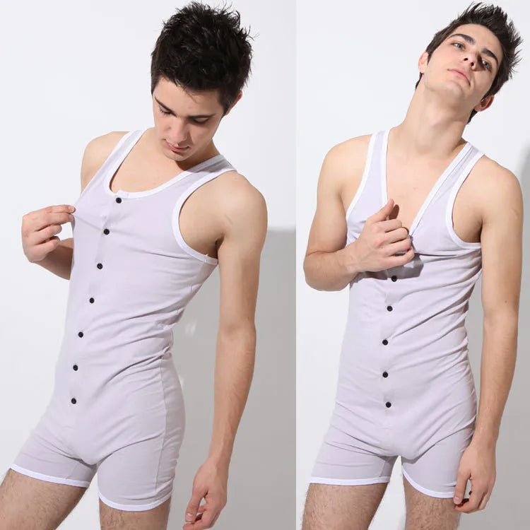 Traje de una pieza de algodón puro para hombre, de secado rápido, transpirable, sólido, sin mangas, conjunto de pijama, ropa interior masculina para el hogar, moldeadores corporales