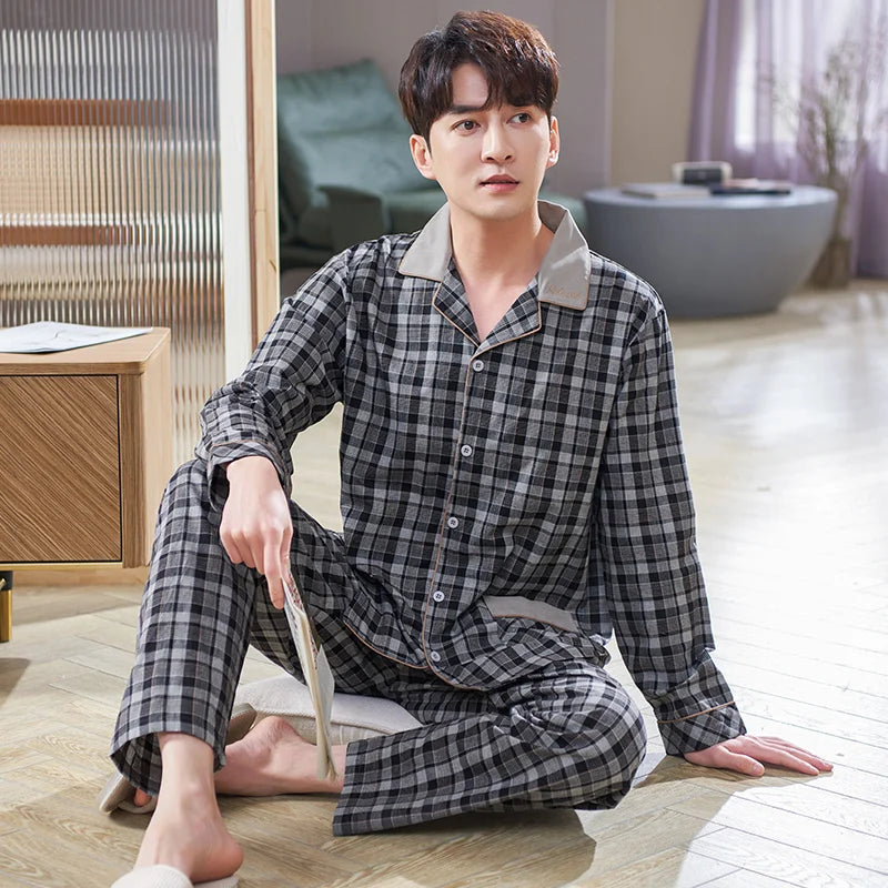 Men Plaid Cardigan Nightwear Suit Autumn Woven Cotton Long Sleeve High Quality Pajamas Casual Homewear M-XXXL Pijamas Hombre