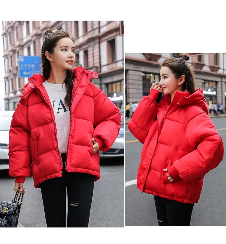 Fashion Winter Hooded Puffer Jacket Women Solid Casual Warm Oversize Parkas Female Korean Loose Long Sleeve Coat Women Clothing