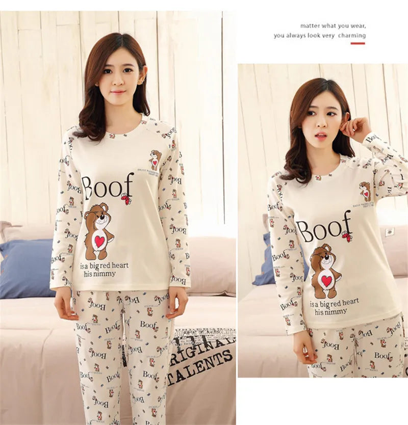 Spring Thin 2pieces Pyjamas Set Women Tops 2024 Cotton Round Neck Girls Pajamas Sets Teacup Cat Sleepwear Clothes Pijamas Mujer