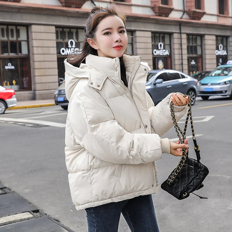 Fashion Winter Hooded Puffer Jacket Women Solid Casual Warm Oversize Parkas Female Korean Loose Long Sleeve Coat Women Clothing