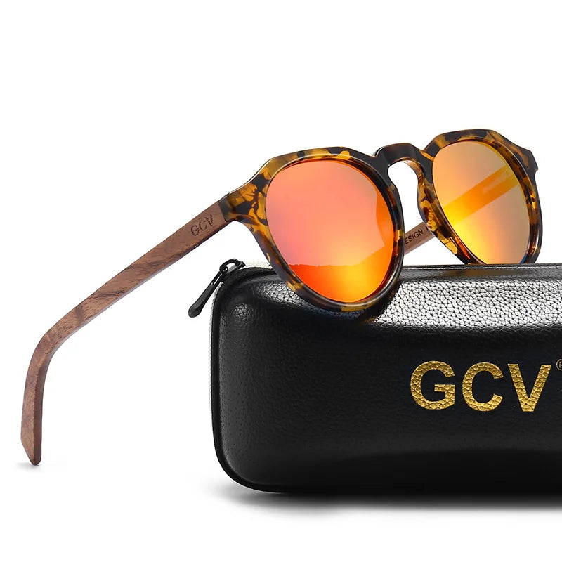 GCV Brand Advanced Walnut Wood Hawksbill Leopard Grain Frames Ultralight Sunglasses Men Women Female Polarized  Delicate Fashion