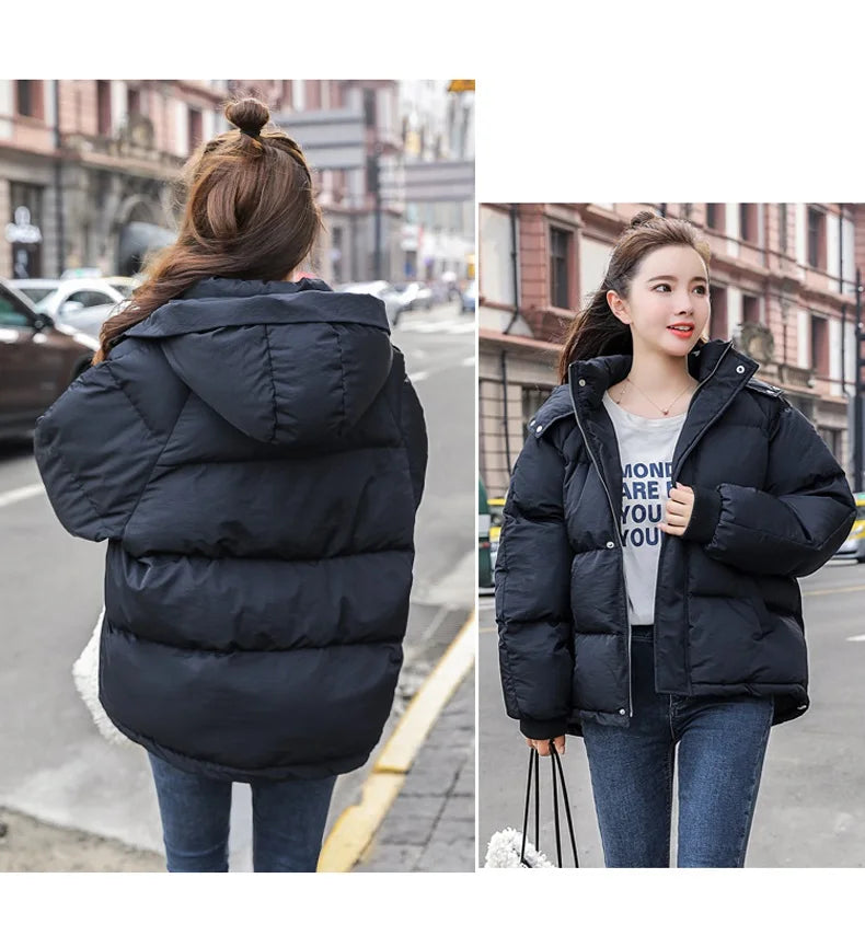 Fashion Winter Hooded Puffer Jacket Women Solid Casual Warm Oversize Parkas Female Korean Loose Long Sleeve Coat Women Clothing