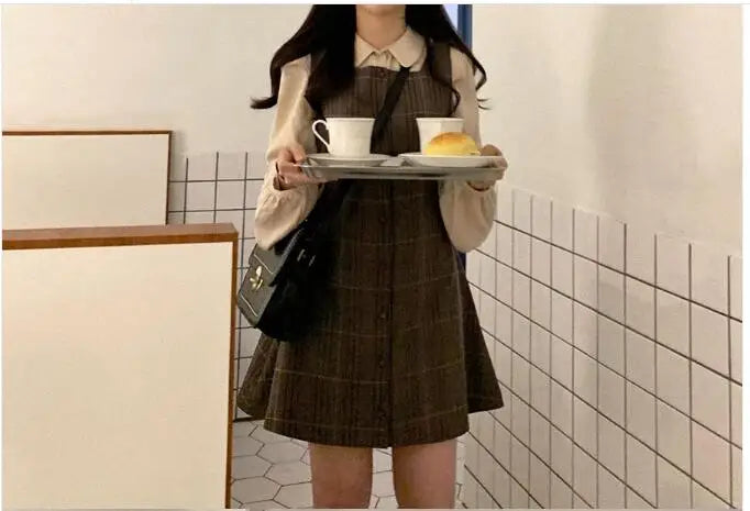 Lindo minivestido de cita de Año Nuevo sin mangas para mujer, estilo coreano japonés, diseño retro vintage, vestido camisero con botones a cuadros 11021