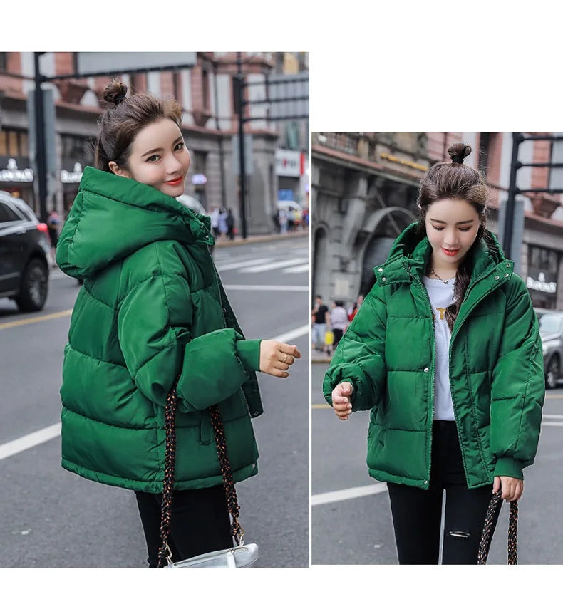 Fashion Winter Hooded Puffer Jacket Women Solid Casual Warm Oversize Parkas Female Korean Loose Long Sleeve Coat Women Clothing