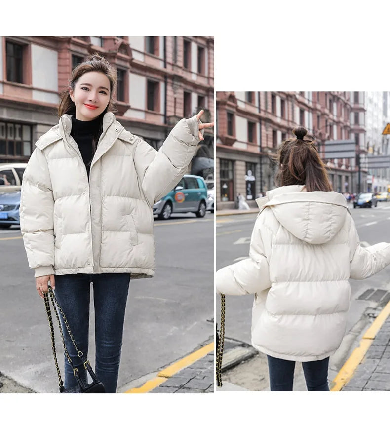 Fashion Winter Hooded Puffer Jacket Women Solid Casual Warm Oversize Parkas Female Korean Loose Long Sleeve Coat Women Clothing