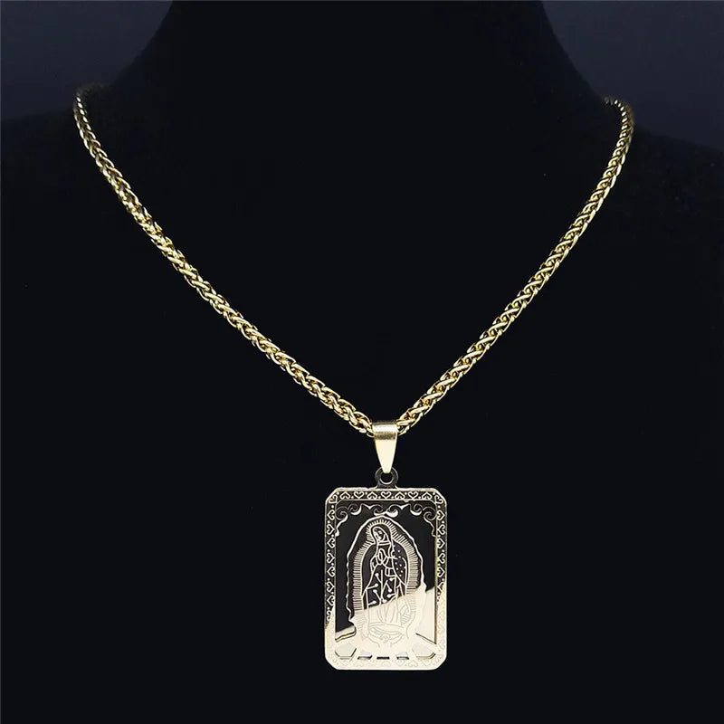 Catholic Virgin Mary Medal Our Lady of Guadalupe Pendant Necklace for Women Men Gold Color Stainless Steel Male Chain Jewelry