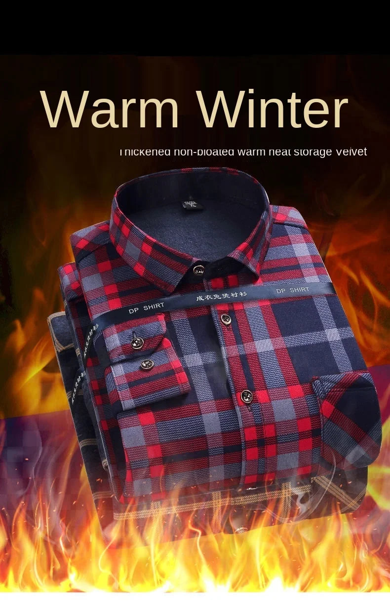 2021 Autumn Winter warm shirt size velvet thickening fashion print plaid shirt long sleeve men's brand shirt dress shirt