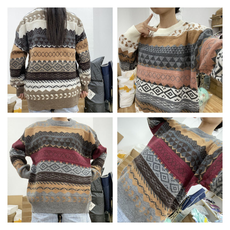 Vintage Sweaters Women Pullover Winter Striped Jumpers Korean Style Loose Pullover Knitwear Casual Loose Sweater Pull Femme