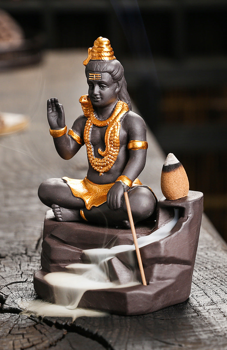 Adornos de Buda Shiva para decoración del hogar Quemador de incienso de reflujo Soporte de varilla de incienso de arcilla morada hecho a mano