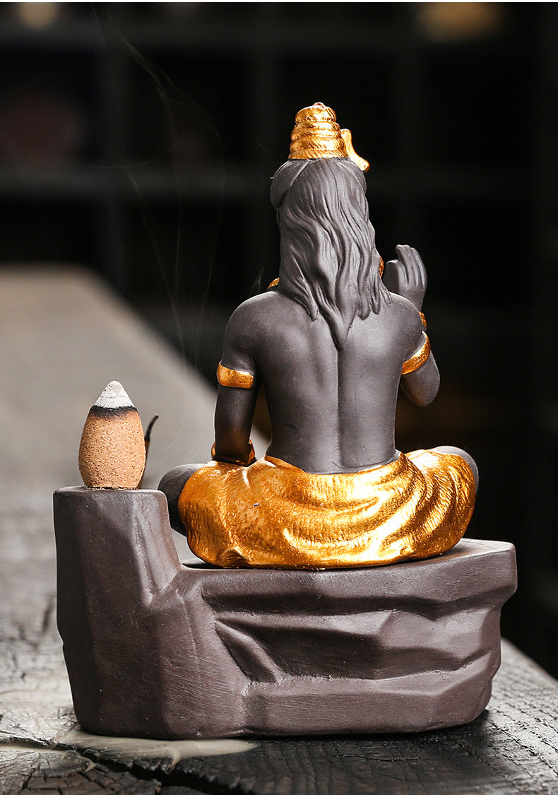 Adornos de Buda Shiva para decoración del hogar Quemador de incienso de reflujo Soporte de varilla de incienso de arcilla morada hecho a mano