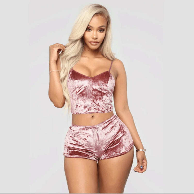 Women's Velvet Polyester Comfortable V-neck Underwear Setcamisole+shorts Pajamas Set Home Clothes Sleeveless Top Shorts