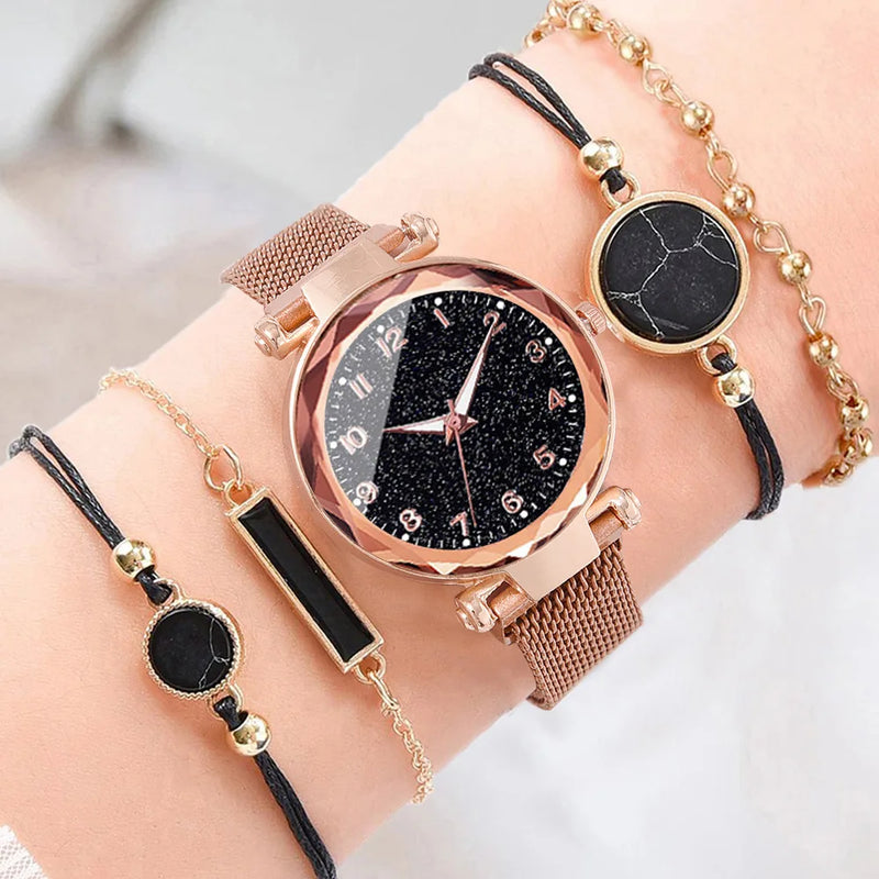 Conjunto de 5 relojes de pulsera de cuarzo con esfera redonda y diseño de cielo estrellado para mujer, relojes con cinturón de malla informales a la moda para mujer, reloj sencillo para vestir, regalo para niña