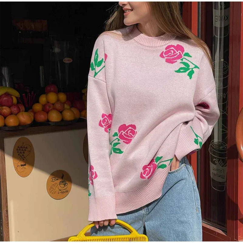 Women Elegant Flower Printed Knitted Jumper Top Chic Round Neck Long Sleeves Loose Pullovers Autumn Lady Fashion Streetwear 2024