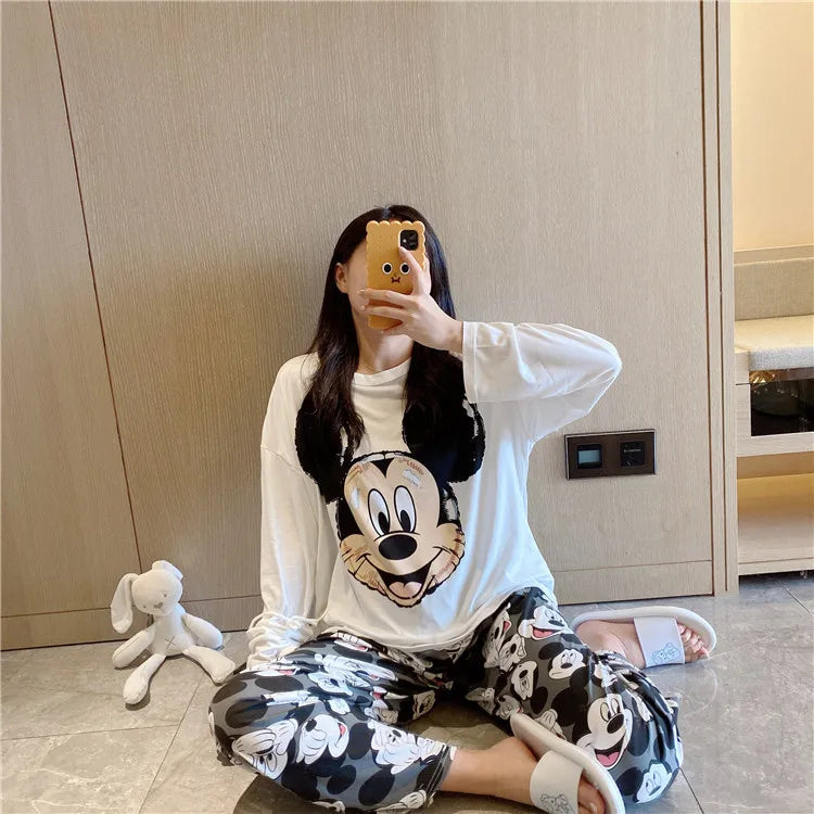 Disney Donald Duck new women's pajamas autumn cotton long-sleeved trousers two-piece set silk pajamas women's loungewear set