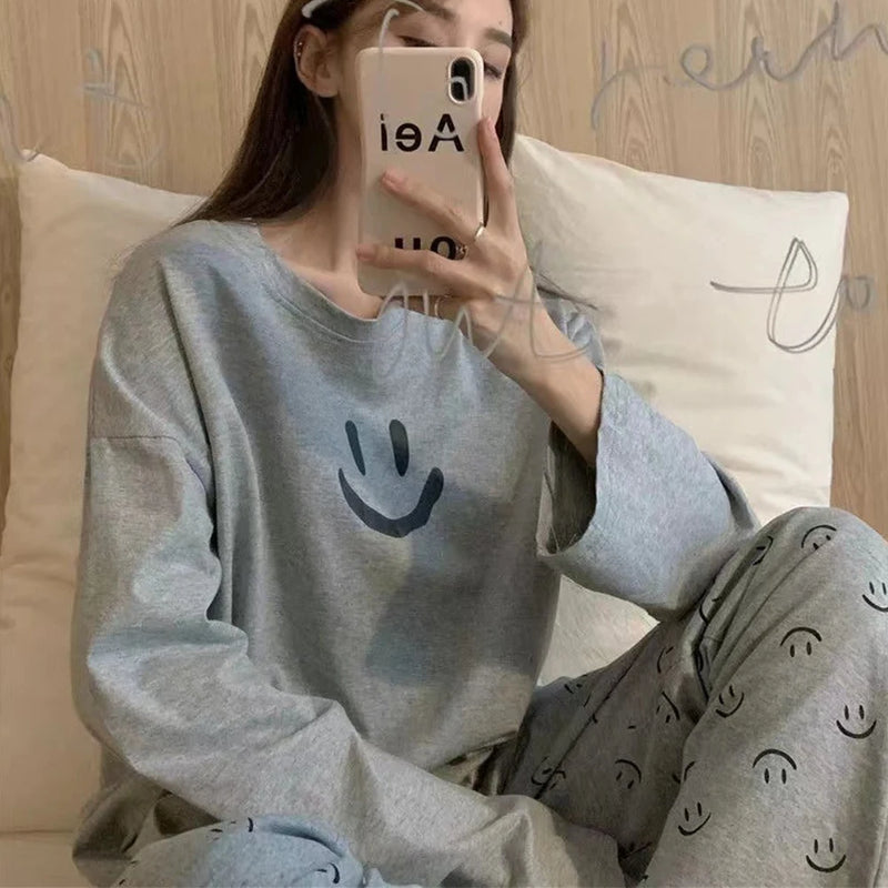 Winter Sleepwear Women's Pajamas Set Long Sleeve Pant Homewear Loose-fit Pajama Smile Facce Print Loungewear