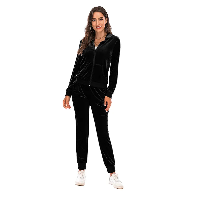 Velour Tracksuit Womens 2 Piece Sweatshirt & Sweatpants Set Full Zip Hoodie Sweatsuit with Pockets Casual Sportswear Autumn