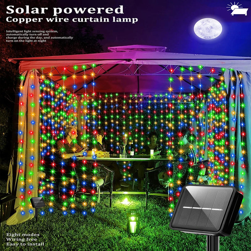 3x3M 300Leds Solar Curtain String Lights Outdoor Waterproof Garden Decoration Fairy Garland 8 Lighting Modes Christmas Lighting