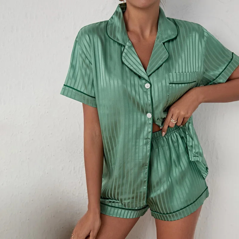 Women Sleepwear Summer Pajama Set  Turn Down Collar Faux Silk Satin Short Sleeve Top+Shorts Female Pijama Homewear Suit