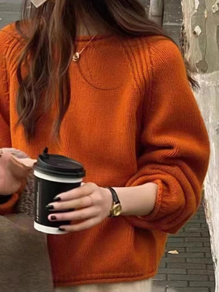 Suéter holgado de manga larga Harajuku para mujer, jerséis coreanos de otoño e invierno, prendas de punto, tops suaves y cálidos, suéter elegante de color liso para mujer