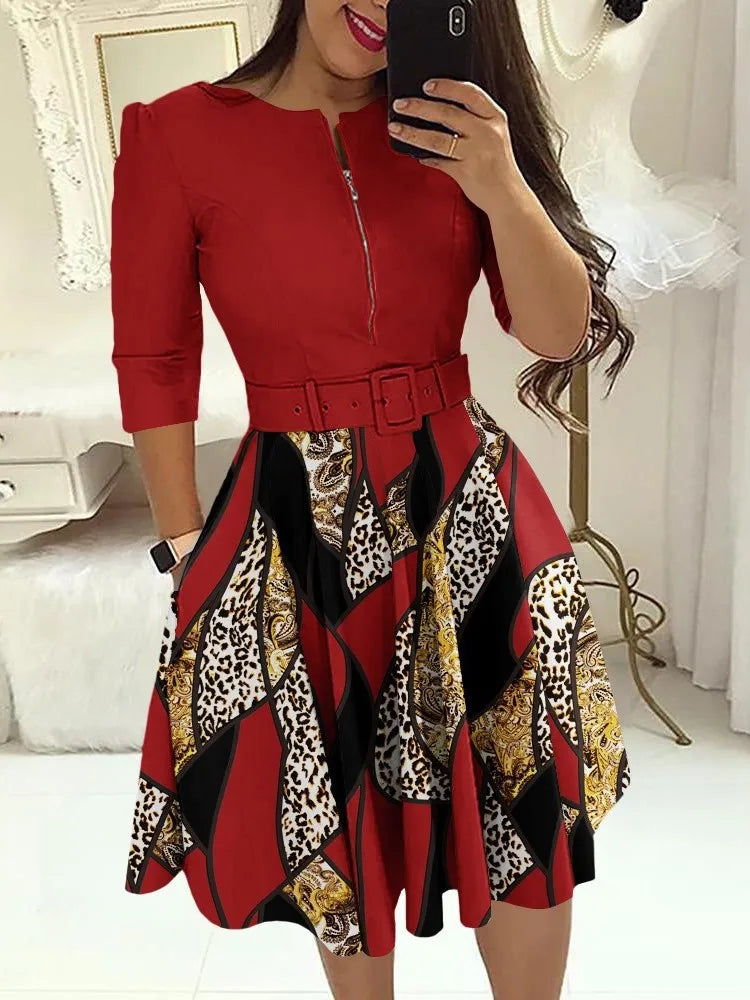 Vestido informal de manga larga con cuello redondo para mujer, vestido de oficina para primavera y otoño, elegante, estampado de rayas, vestidos plisados ​​para mujer 2023