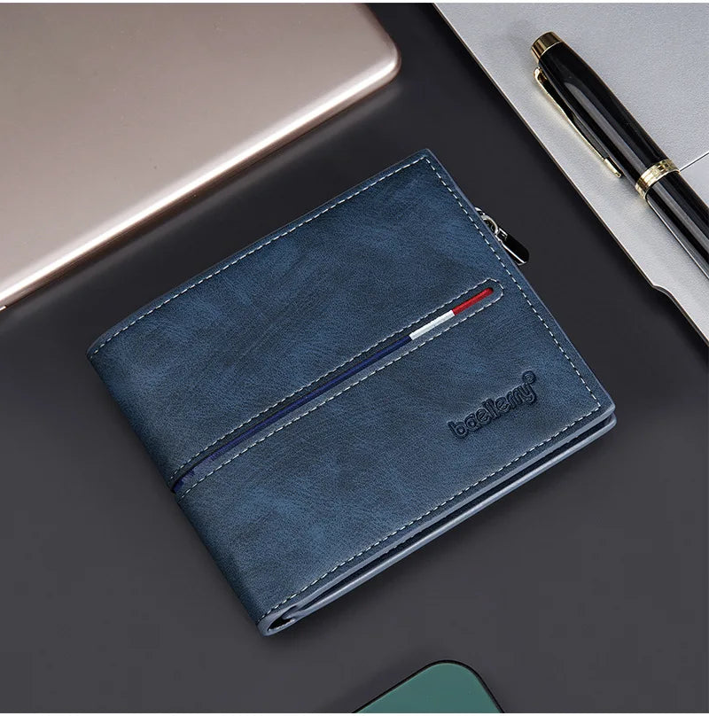 2024 Fashion PU Leather Men's Wallet Short Zipper Card Holder Simple Slim Coin Pocket Leisure Short Wallet