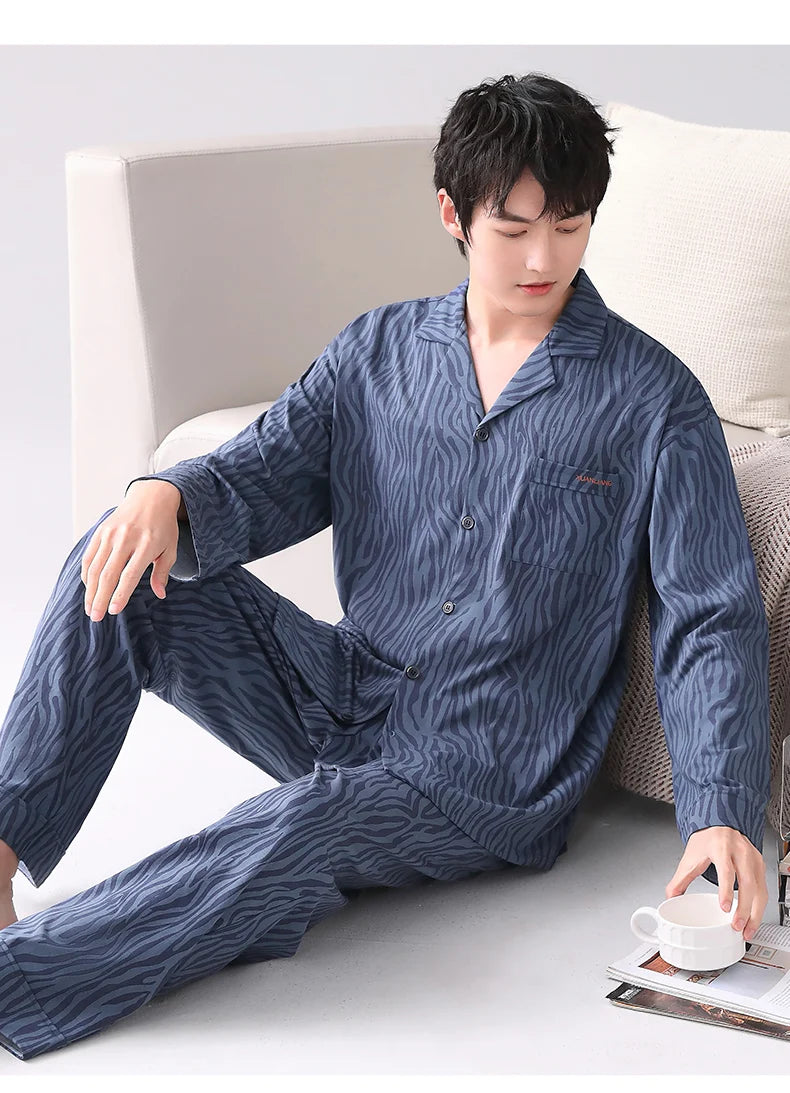 Conjuntos de pijamas para hombre, pijamas de algodón, cárdigan con botones para hombre, ropa de dormir, ropa de dormir de manga larga, chándal informal estampado, pijama para hombre