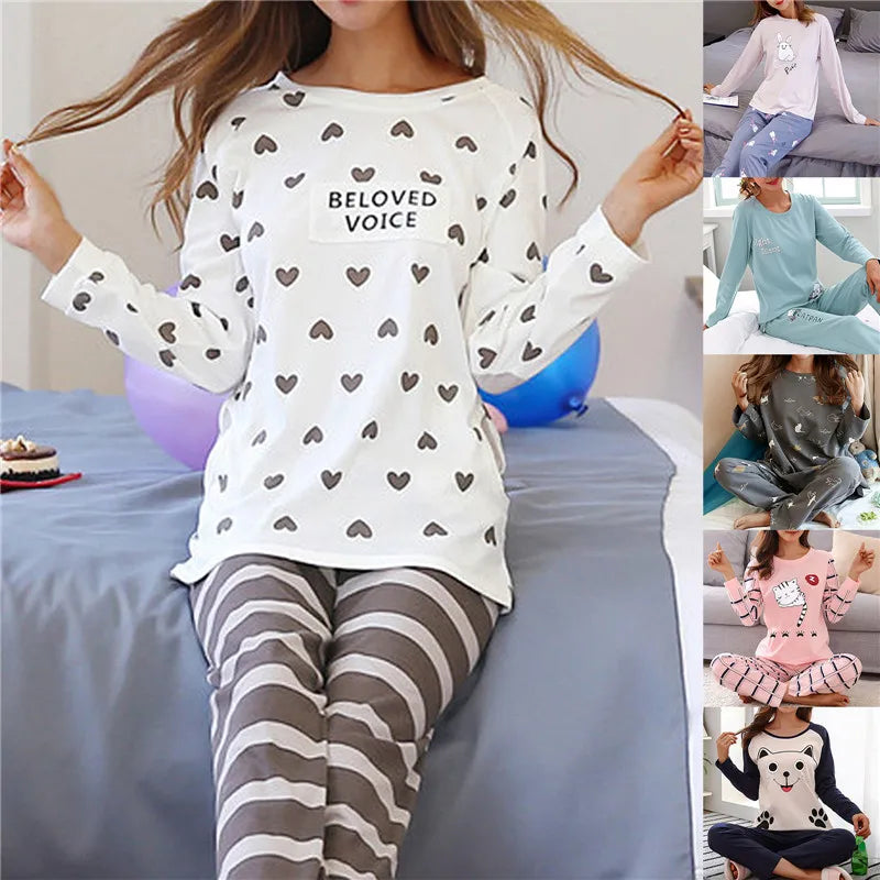 spring and autumn Cute Cartoon Cat Print Pajama Set Women Two-pieces Long Sleeve Sleepwear Underwear Women Pajama Sets