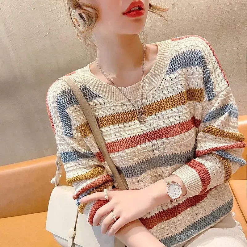 Women's Sweater Round O Neck Knit Tops for Woman Blue Mesh Pullovers Y2k Vintage Trend 2024 Korean Luxury Cold Winter Fashion