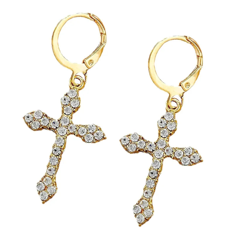 New Rhinestone Zircon Cross Pendant Earrings For Women Korean Fashion Drop Hoop Earrings Birthday Party Jewelry Gifts