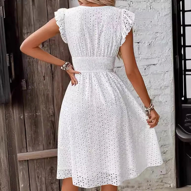 Vestido de mujer de encaje jacquard ahuecado ajustado cuello en V cintura elástica midi vestido blanco nuevo vestidos de longitud media para uso diario coreano