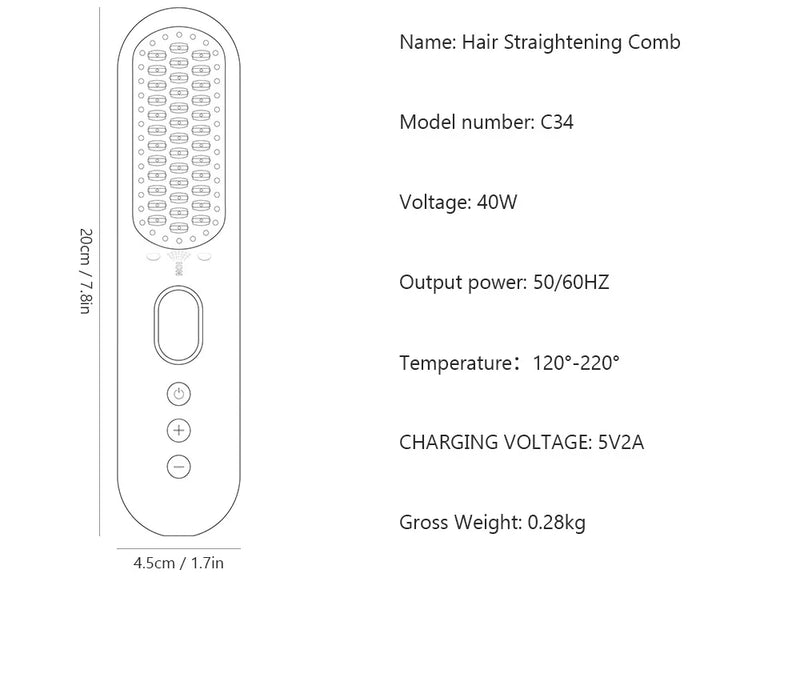 Cordless Portable Hair Straightener Brush with 9600mAh Battery & USB-C Charging Anti-Scald Comb for Travel