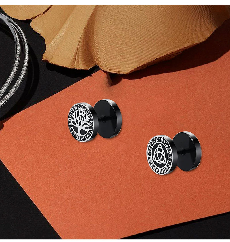 Pendientes de tuerca con diseño de runas vikingas nórdicas góticas para hombres y niños, de acero inoxidable, estilo rock punk, con cabeza de lobo y brújula, con nudo celta, color negro