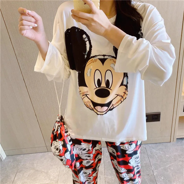 Disney Donald Duck new women's pajamas autumn cotton long-sleeved trousers two-piece set silk pajamas women's loungewear set