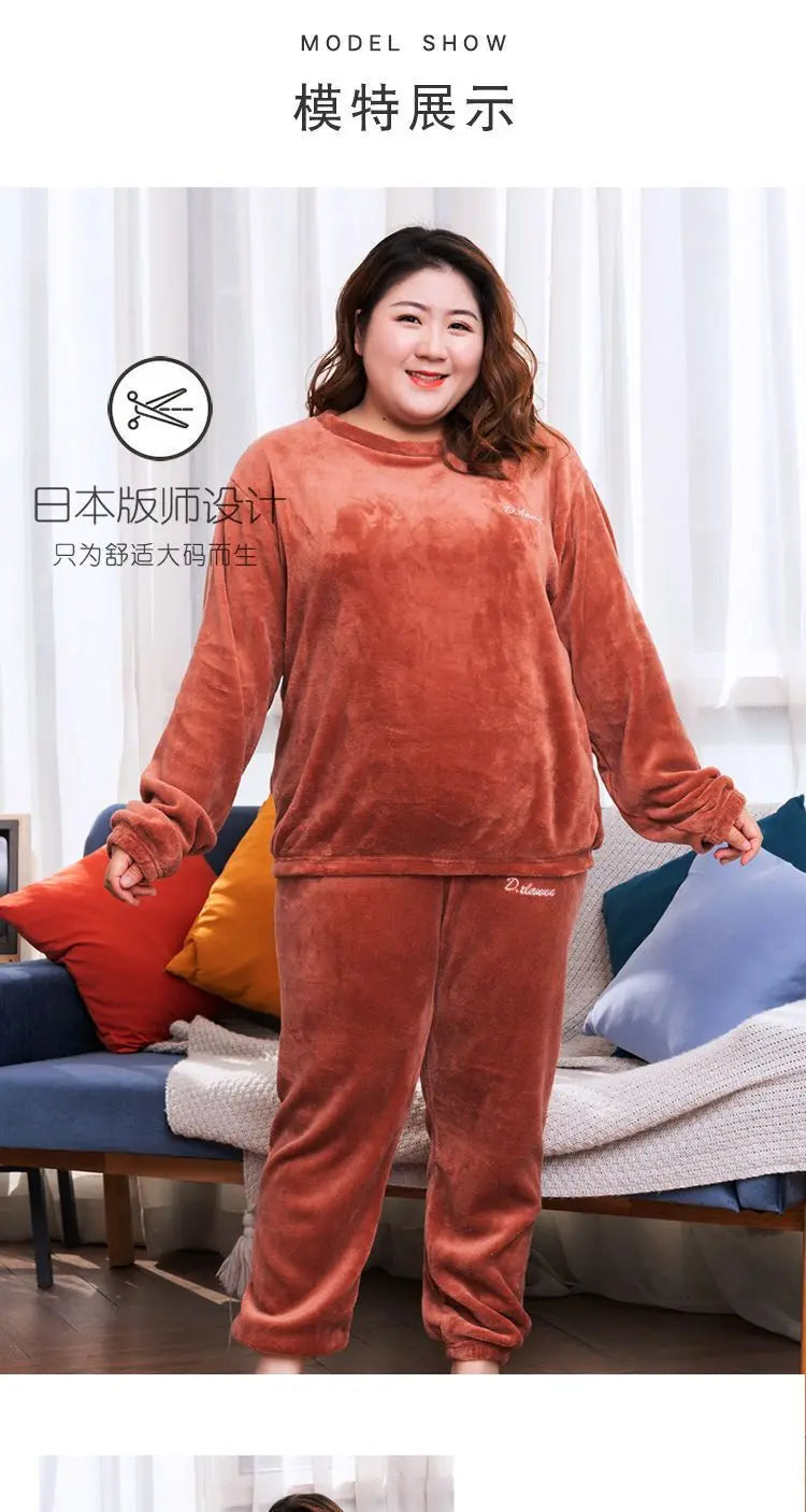 Winter Pajamas Coral Fleece Warm Pajamas Set Thick Long Sleeve Large Size 85kg Outside Pajamas Elastic Waist Trousers Pajama Set