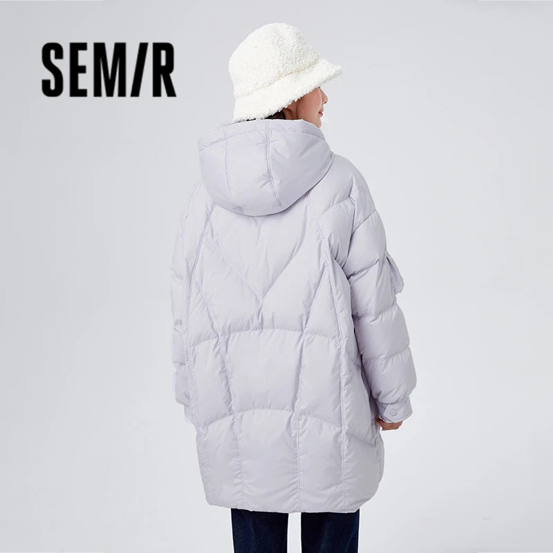 Chaqueta de plumón Semir para mujer, de largo medio, con capucha a cuadros, abrigo grueso de gran tamaño, novedad de invierno de 2023